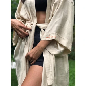 Bej Basic Geniş Kalıp Baskısız Dokuma Kadın Erkek Kimono