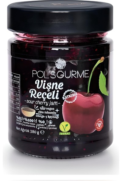 Pol's Gurme Şeker İlavesiz Vişne Reçeli - Chia Tohumlu %65 Meyve Oranlı 380 gr