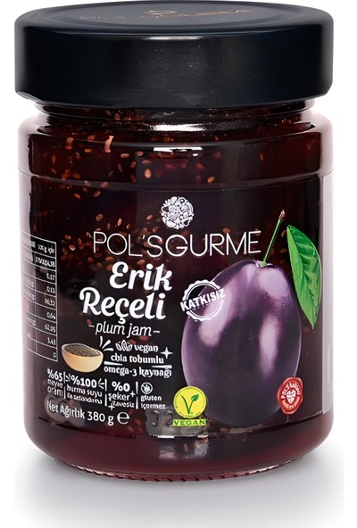 Pol's Gurme Şeker İlavesiz Erik Reçeli - Chia Tohumlu %65 Meyve Oranlı 380 gr