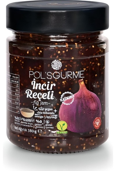 Pol's Gurme Şeker İlavesiz İncir Reçeli - Chia Tohumlu %65 Meyve Oranlı 380 gr