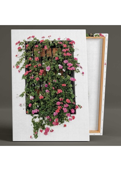 Pembe Çiçekli Pencere Bodrum Evi Kanvas Tablo