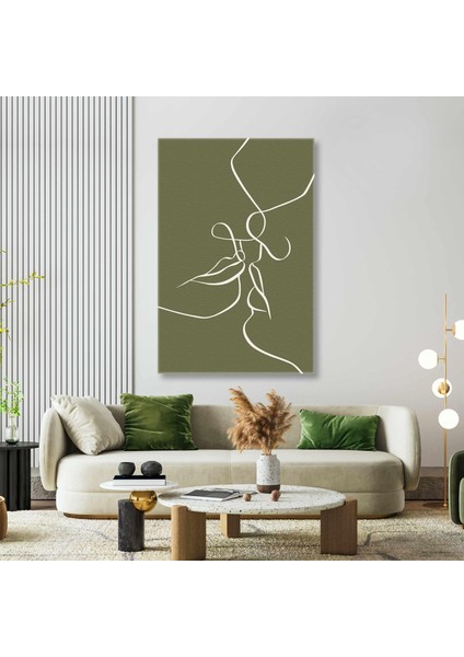 Çizgisel Ilüstrasyon Öpüşen Çift Boho Art Line Yeşil Kanvas Tablo