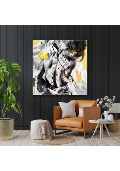 Siyah Beyaz Sırtı Dönük Kadın Büyük Fırça Izleri Kanvas Tablo