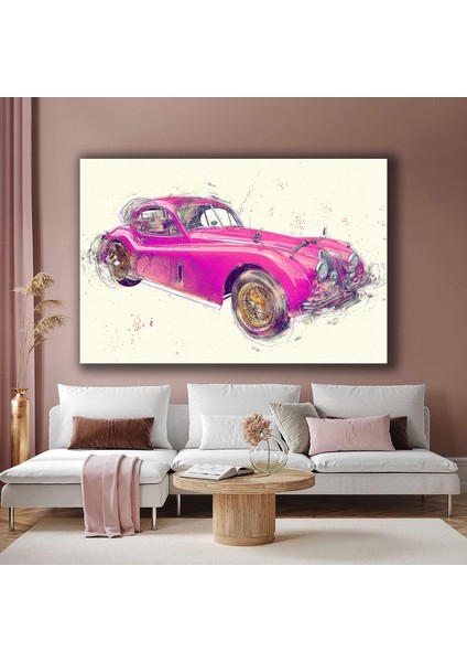 Pembe Eski Model Coupe Koleksiyon Araba Çizimi Kanvas Tablo