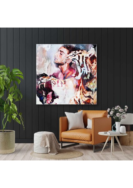 Iki Kaplanla Birlikte Poz Veren Adam Sürrealist Kanvas Tablo