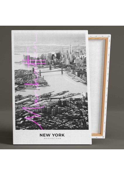 Newyork Manhattan Şehir Manzarası Neon Pembe Yazı Detaylı Kanvas Tablo fiyatları