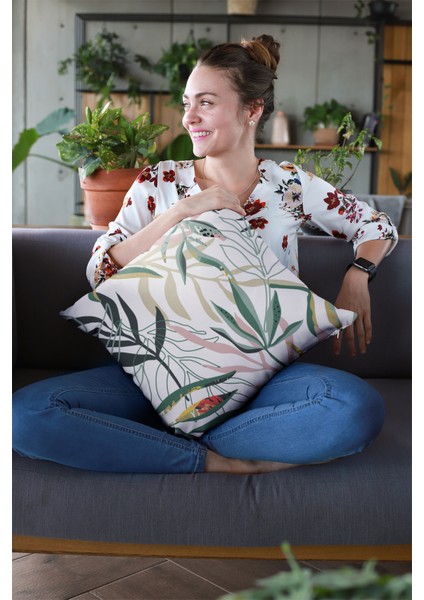 Premium Tay Tüyü Dokuma Kumaş Çift Taraflı Yapraklı Kırlent Yastık Kılıfı 43X43 Cm KRL083