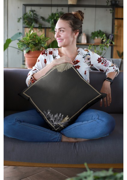 Premium Tay Tüyü Dokuma Kumaş Çift Taraflı Yapraklı Kırlent Yastık Kılıfı 43X43 Cm KRL361
