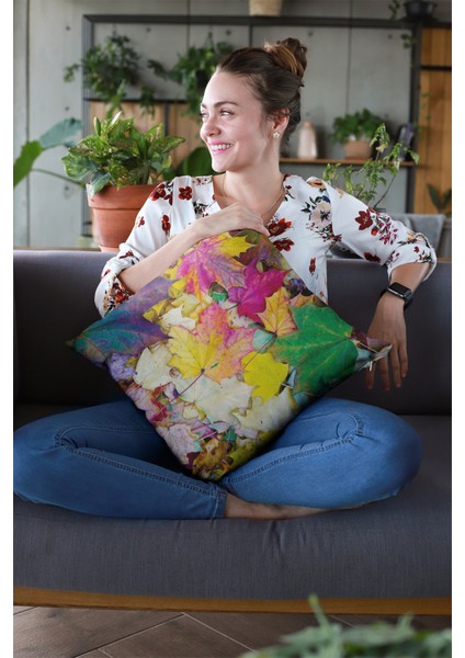 Premium Tay Tüyü Dokuma Kumaş Çift Taraflı Yapraklı Kırlent Yastık Kılıfı 43X43 Cm KRL028