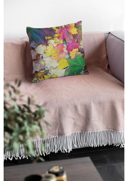 Premium Tay Tüyü Dokuma Kumaş Çift Taraflı Yapraklı Kırlent Yastık Kılıfı 43X43 Cm KRL028