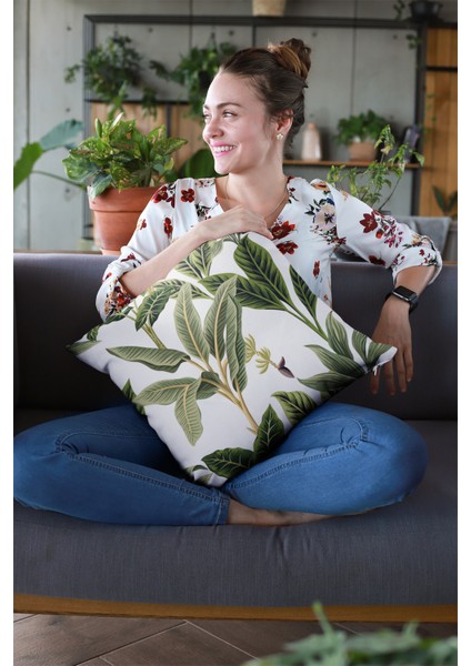Çift Taraflı Kırlent Yastık Kılıfı Yapraklı Premium Tay Tüyü Dokuma Kumaş 43X43 Cm KRL045