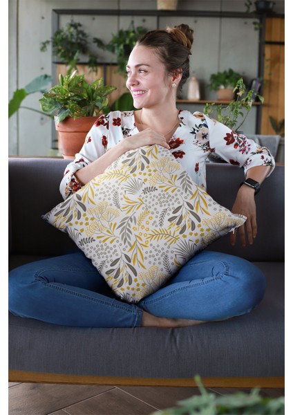 Premium Tay Tüyü Dokuma Kumaş Çift Taraflı Yapraklı Kırlent Yastık Kılıfı 43X43 Cm KRL052