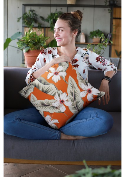 Tay Tüyü Dokuma Premium Kumaş Çift Taraflı Kırlent Yapraklı Yastık Kılıfı 43X43 Cm KRL054