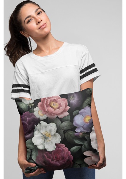 Çiçekli Kırlent Yastık Kılıfı Premium Tay Tüyü Dokuma Kumaş Çift Taraflı 43X43 Cm KRL448