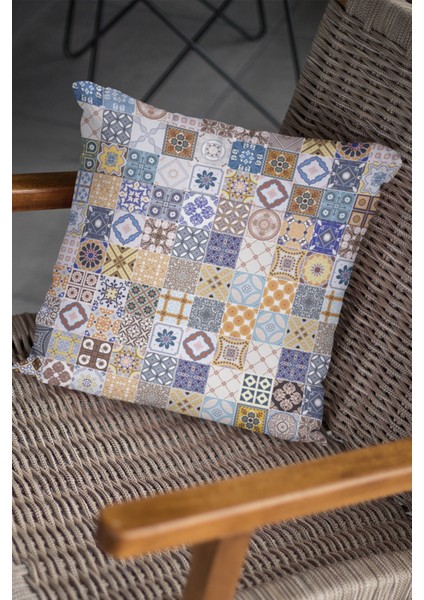 Premium Tay Tüyü Çift Taraflı Kırlent Yastık Kılıfı Dokuma Çini Desenli Kumaş 43X43 Cm KRL198