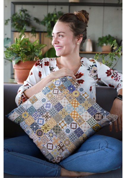 Premium Tay Tüyü Çift Taraflı Kırlent Yastık Kılıfı Dokuma Çini Desenli Kumaş 43X43 Cm KRL198 fırsatları