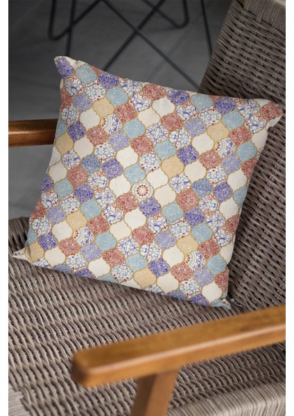 Çift Taraflı Kırlent Yastık Kılıfı Premium Tay Tüyü Dokuma Kumaş Çini Desenli 43X43 Cm KRL200