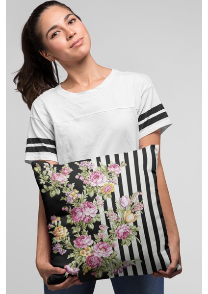 Çiçekli Kırlent Yastık Kılıfı Premium Tay Tüyü Dokuma Kumaş Çift Taraflı 43X43 Cm KRL159