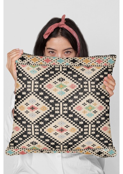 Etnik Tay Tüyü Dokuma Premium Kumaş Çift Taraflı Kırlent Yastık Kılıfı 43X43 Cm KRL071