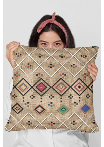Çift Taraflı Kırlent Yastık Kılıfı Premium Tay Tüyü Dokuma Kumaş Bohem 43X43 Cm KRL112