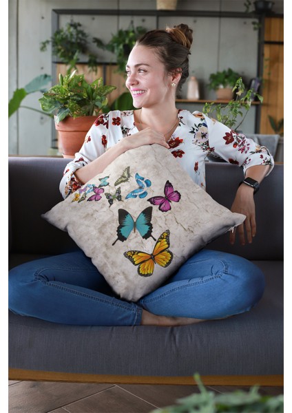 Dokuma Kelebekli Premium Tay Tüyü Kumaş Çift Taraflı Kırlent Yastık Kılıfı 43X43 Cm KRL130