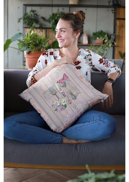 Kelebekli Premium Tay Tüyü Dokuma Kumaş Çift Taraflı Kırlent Yastık Kılıfı 43X43 Cm KRL360