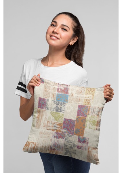 Premium Tay Tüyü Dokuma Kumaş Çift Taraflı Patchwork Kırlent Yastık Kılıfı 43X43 Cm KRL170