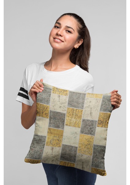 Çift Taraflı Kırlent Yastık Kılıfı Premium Tay Tüyü Dokuma Patchwork Kumaş 43X43 Cm KRL296