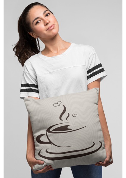 Premium Tay Tüyü Dokuma Kumaş Çift Taraflı Fincanlı Kırlent Yastık Kılıfı 43X43 Cm KRL284