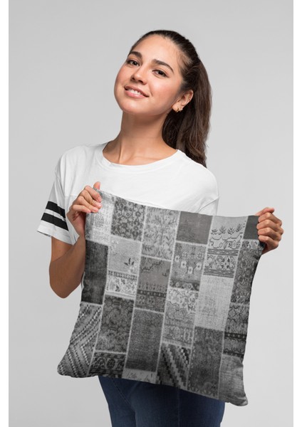 Tay Tüyü Dokuma Premium Kumaş Çift Taraflı Kırlent Patchwork Yastık Kılıfı 43X43 Cm KRL292