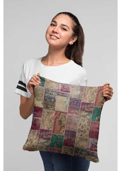 Patchwork Dokuma Premium Tay Tüyü Kumaş Çift Taraflı Kırlent Yastık Kılıfı 43X43 Cm KRL293