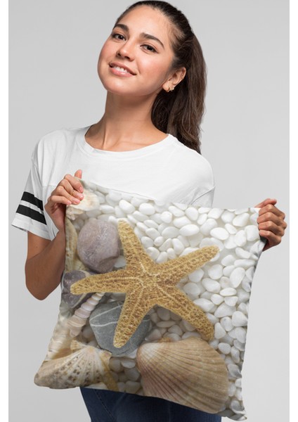 Dokuma Premium Tay Tüyü Kumaş Çift Taraflı 3D Deniz Kabukları Kırlent Yastık Kılıfı 43X43 Cm KRL459