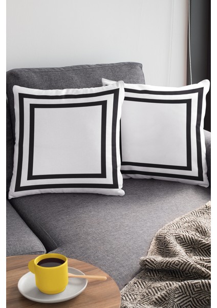 Tay Tüyü Dokuma Premium Kumaş Çift Taraflı Kırlent Yastık Kılıfı Modern Çerçeveli 43X43 Cm KRL321
