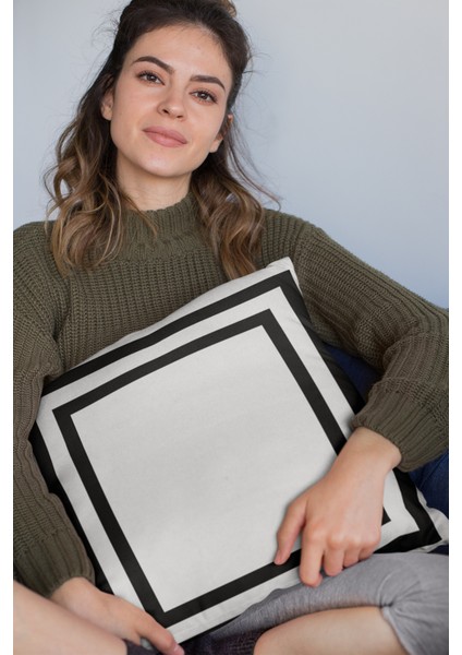 Tay Tüyü Dokuma Premium Kumaş Çift Taraflı Kırlent Yastık Kılıfı Modern Çerçeveli 43X43 Cm KRL321