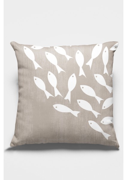 Balıklı Premium Kumaş Tay Tüyü Dokuma Dekoratif Çift Taraflı Kırlent Yastık Kılıfı 43X43 Cm KRL424