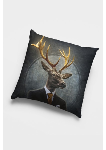 Çift Taraflı Kırlent Kılıfı Premium Tay Tüyü Dokuma Kumaş Altın Boynuzlu Geyik 43X43 Cm KRL949