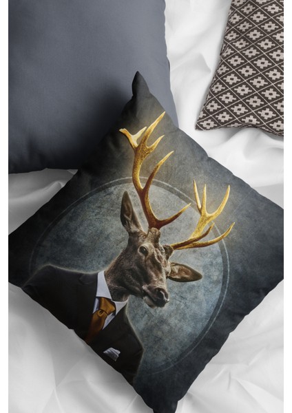 Çift Taraflı Kırlent Kılıfı Premium Tay Tüyü Dokuma Kumaş Altın Boynuzlu Geyik 43X43 Cm KRL949 fiyatları