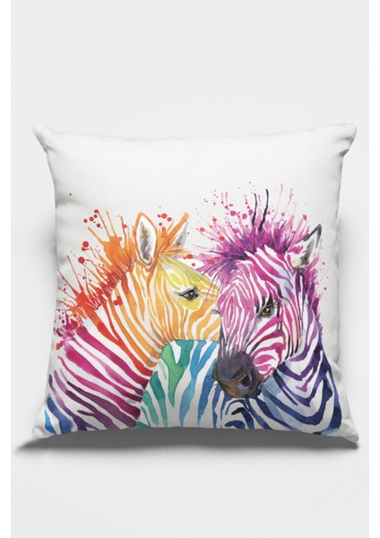Renkli Zebralar Premium Tay Tüyü Dokuma Kumaş Çift Taraflı Kırlent Yastık Kılıfı 43X43 Cm KRL445