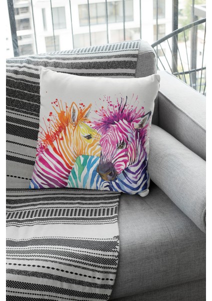 Renkli Zebralar Premium Tay Tüyü Dokuma Kumaş Çift Taraflı Kırlent Yastık Kılıfı 43X43 Cm KRL445 fiyatları