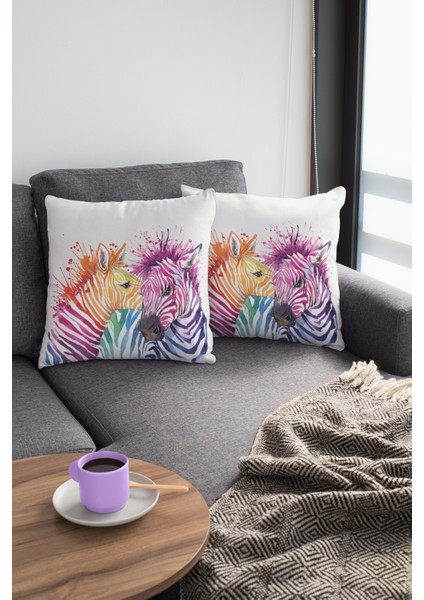 Renkli Zebralar Premium Tay Tüyü Dokuma Kumaş Çift Taraflı Kırlent Yastık Kılıfı 43X43 Cm KRL445 modelleri