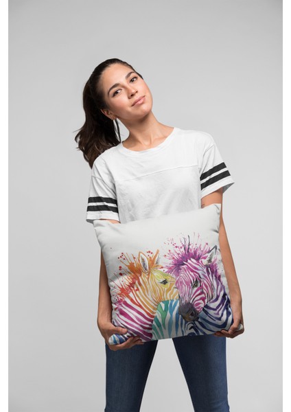 Renkli Zebralar Premium Tay Tüyü Dokuma Kumaş Çift Taraflı Kırlent Yastık Kılıfı 43X43 Cm KRL445 fırsatları