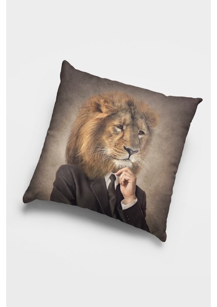 Dokuma Premium Tay Tüyü Kumaş Kıyafetli Aslan Çift Taraflı Kırlent Kılıfı 43X43 Cm KRL956