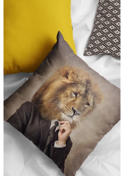 Dokuma Premium Tay Tüyü Kumaş Kıyafetli Aslan Çift Taraflı Kırlent Kılıfı 43X43 Cm KRL956 fiyatları