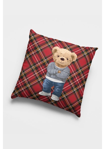 Dokuma Premium Tay Tüyü Kumaş Mr. Teddy Bear Çift Taraflı Kırlent Yastık Kılıfı 43X43 Cm KRL924