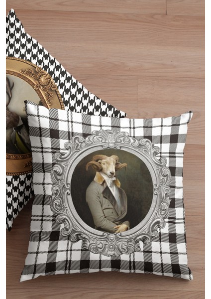 Premium Tay Tüyü Dokuma Kumaş Çift Taraflı Kıyafetli Hayvanlar Koç Kırlent Kılıfı 43X43 Cm KRL944