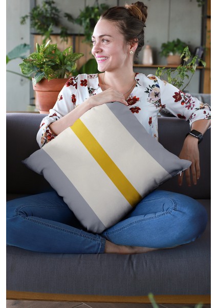 Sade Çizgili Premium Tay Tüyü Dokuma Kumaş Çift Taraflı Kırlent Yastık Kılıfı 43X43 Cm KRL977