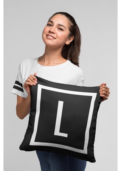 43X43 Cm Siyah Tay Tüyü Döşemelik Premium Kumaş Dekoratif Çift Taraflı L Harfli Yastık Kılıfı KRL606