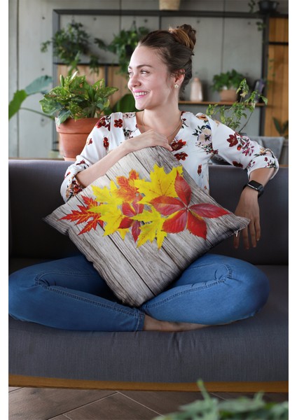 Çift Taraflı Kırlent Yastık Kılıfı Premium Tay Tüyü Dokuma Yapraklı Kumaş 43X43 Cm KRL104