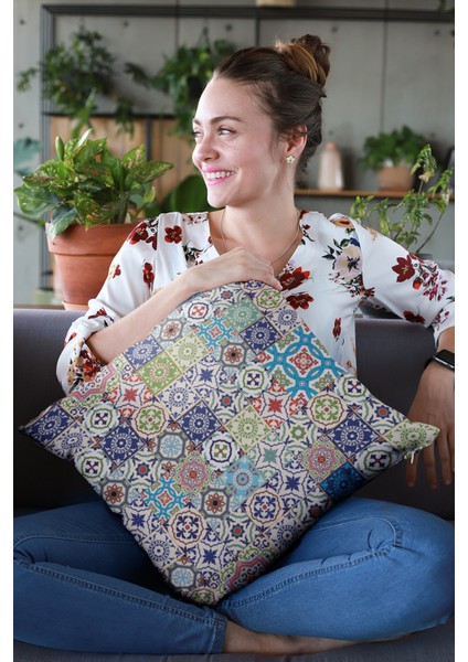 Premium Tay Tüyü Dokuma Kumaş Çini Desenli Çift Taraflı Kırlent Yastık Kılıfı 43X43 Cm KRL197
