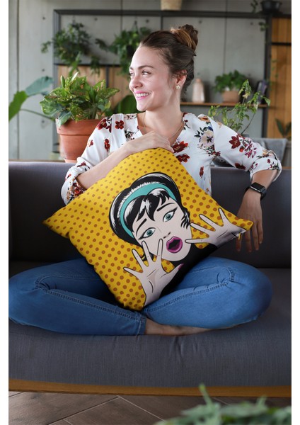 Tay Tüyü Dokuma Premium Kumaş Dekoratif Çift Taraflı Pop Art Kırlent Kılıfı 43X43 Cm KRL069